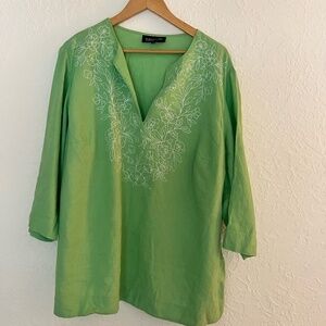 Light Green Women 100% Linen Tunic, White Embroidery, XXXL Women, Jones NY